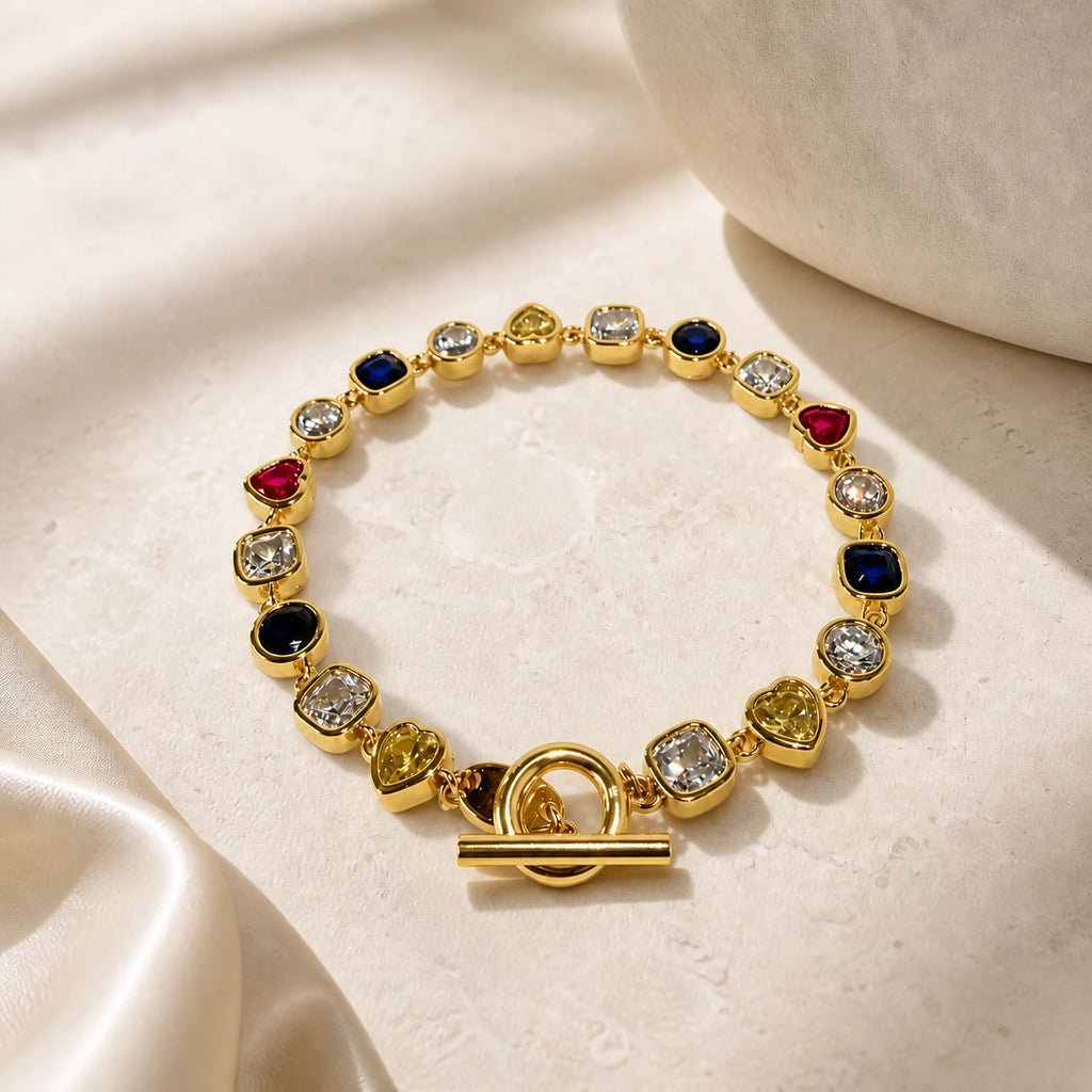 Gold coloured cubic zirconia bracelet product display