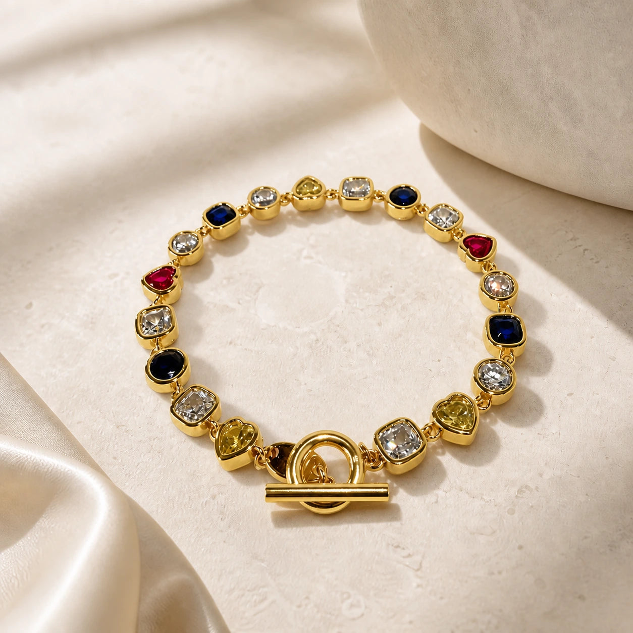 Gold coloured cubic zirconia bracelet product display