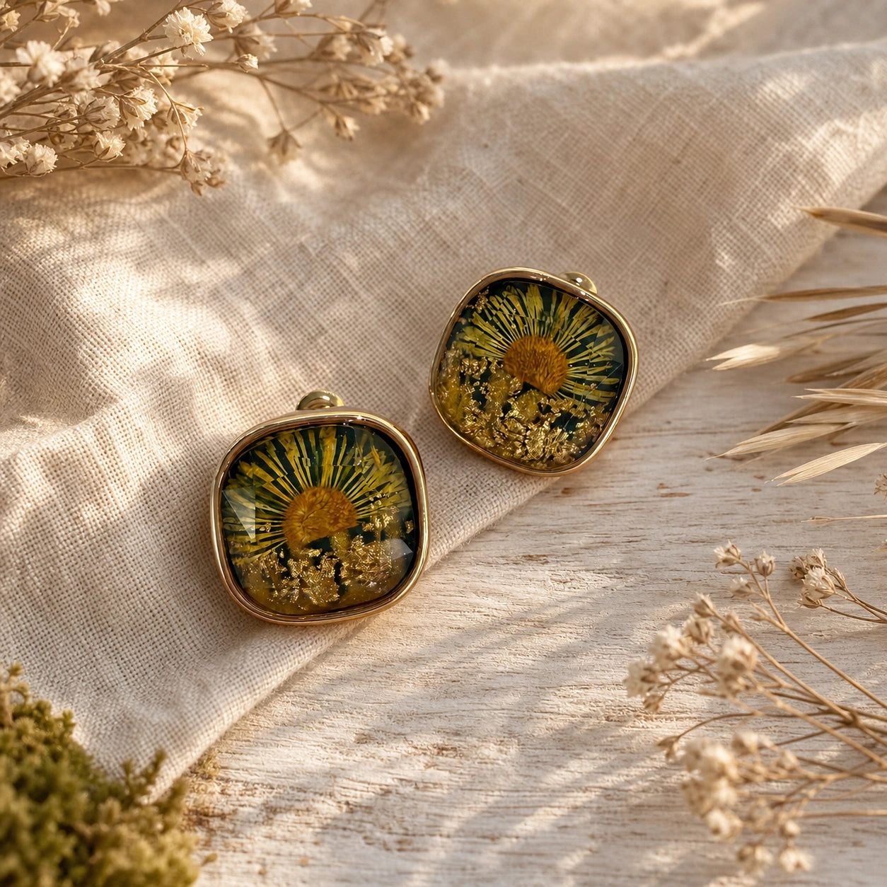 Camellia stud earrings green floral detail