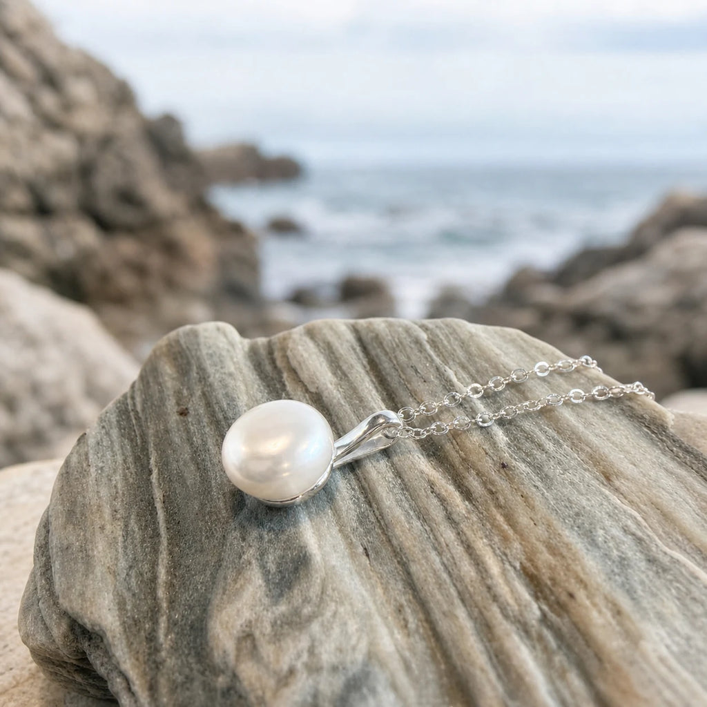 Freshwater pearl necklace 8.5mm in silver close-up product detail