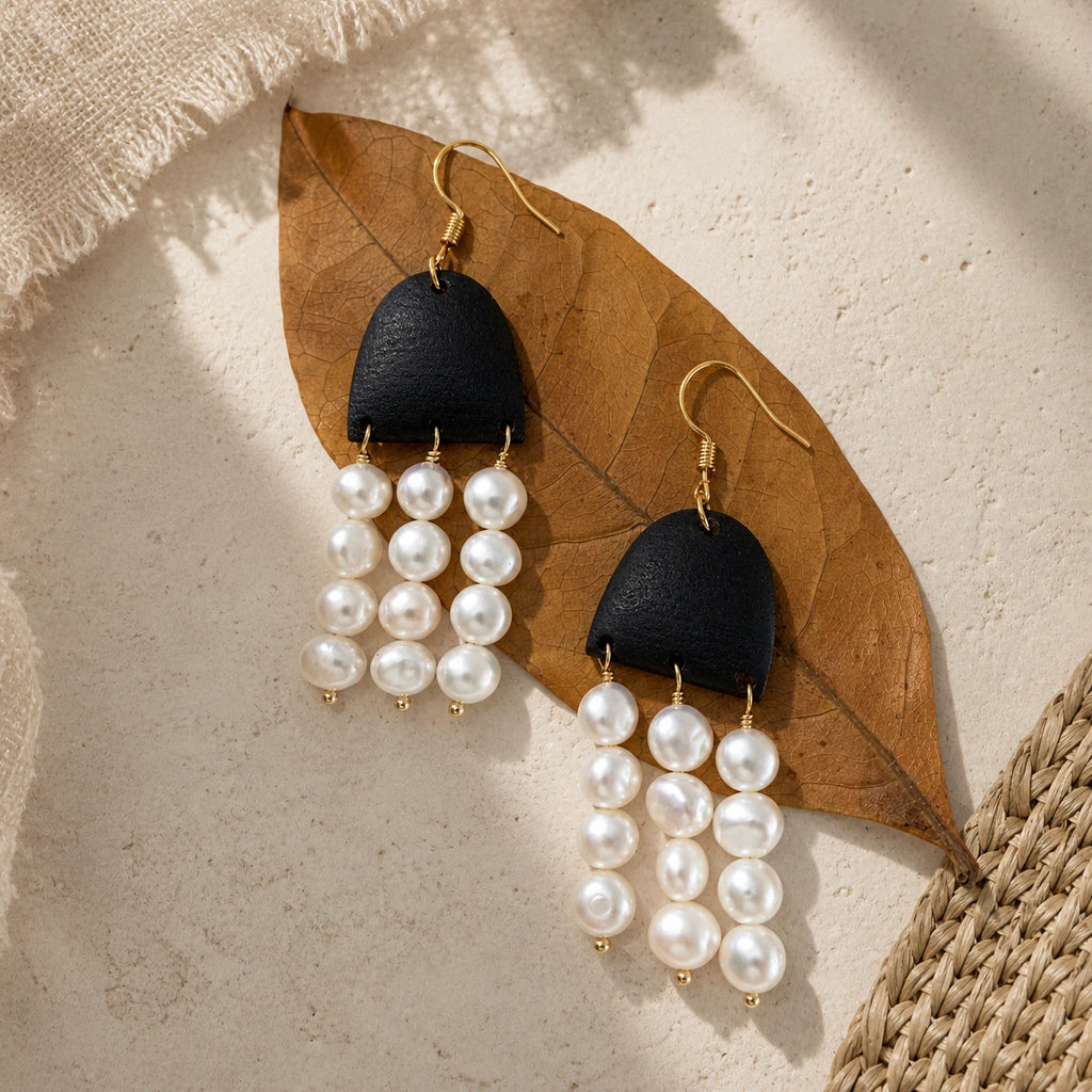 Vintage bohemian pearl tassel drop earrings alternate view