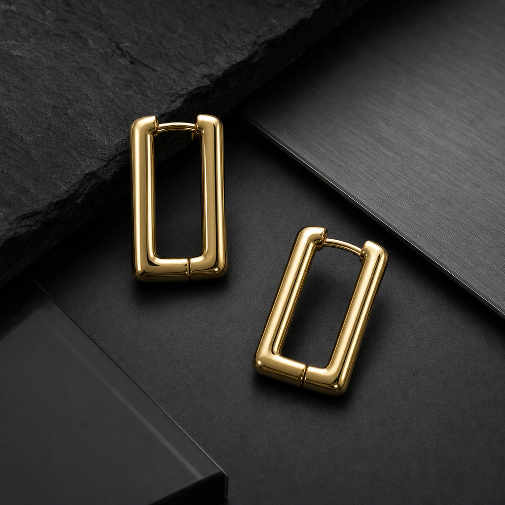 Geometric rectangular gold earrings close-up product image