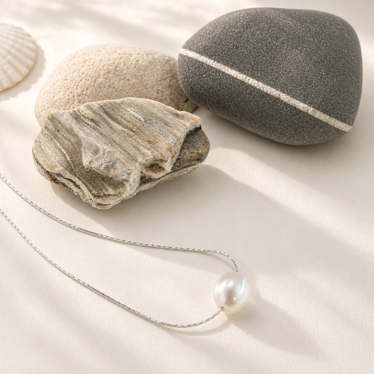 Baroque pearl necklace in silver close-up product detail