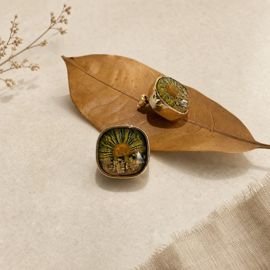 Camellia stud earrings green floral side view