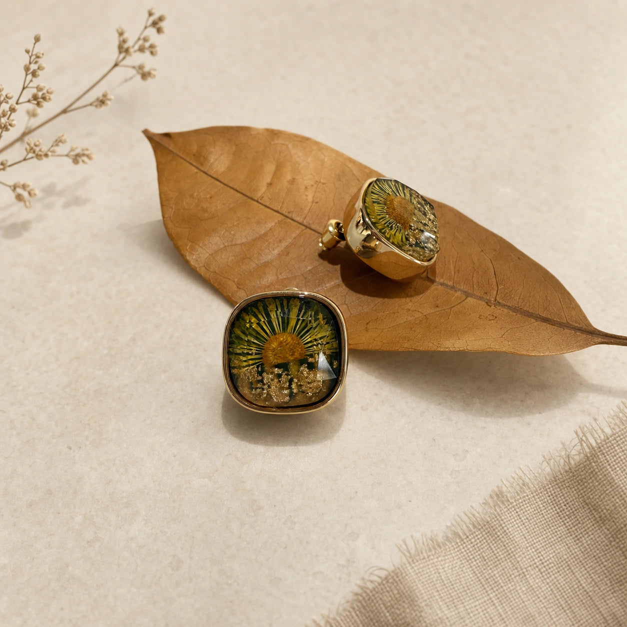 Camellia stud earrings green floral side view