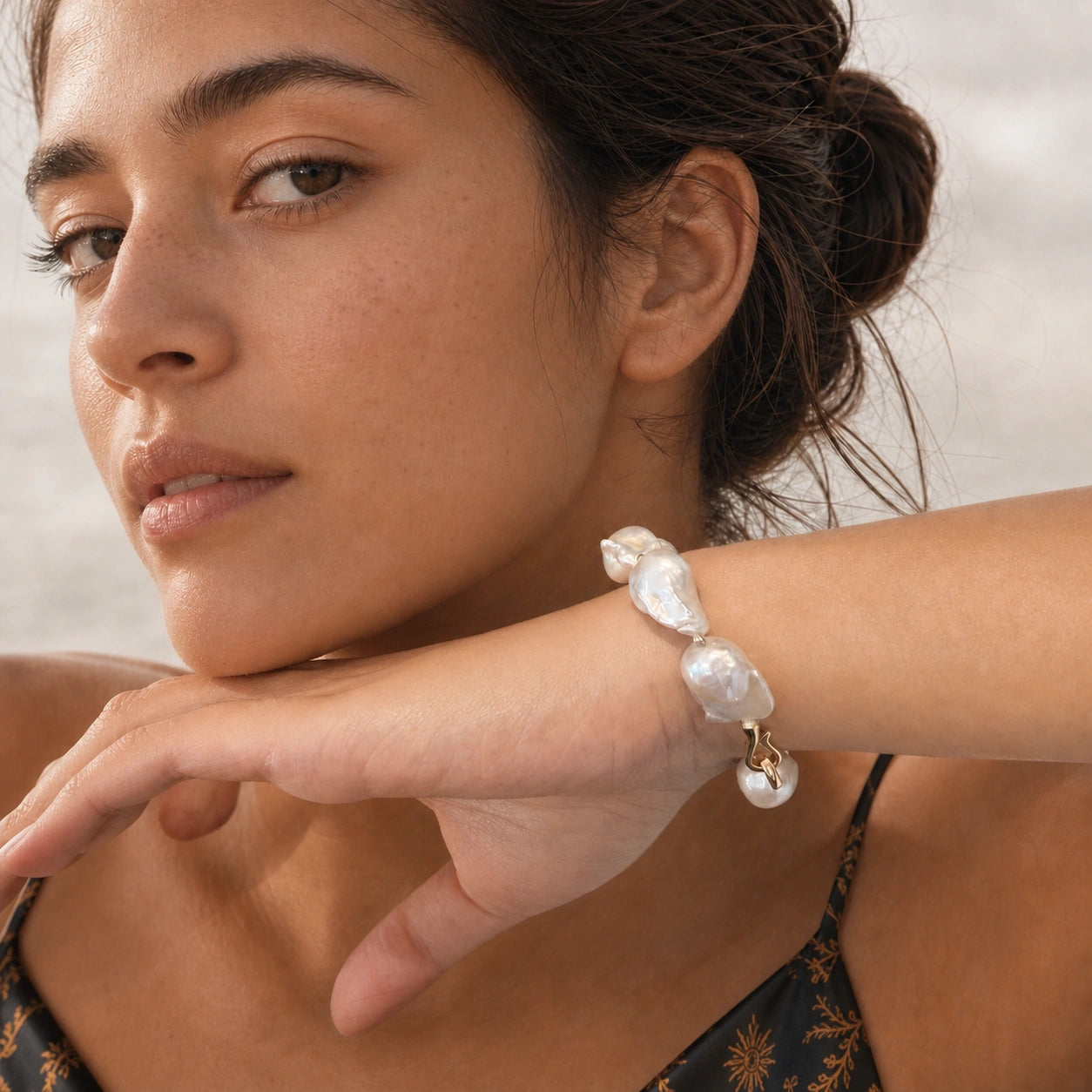 Baroque pearl bracelet model wearing close-up