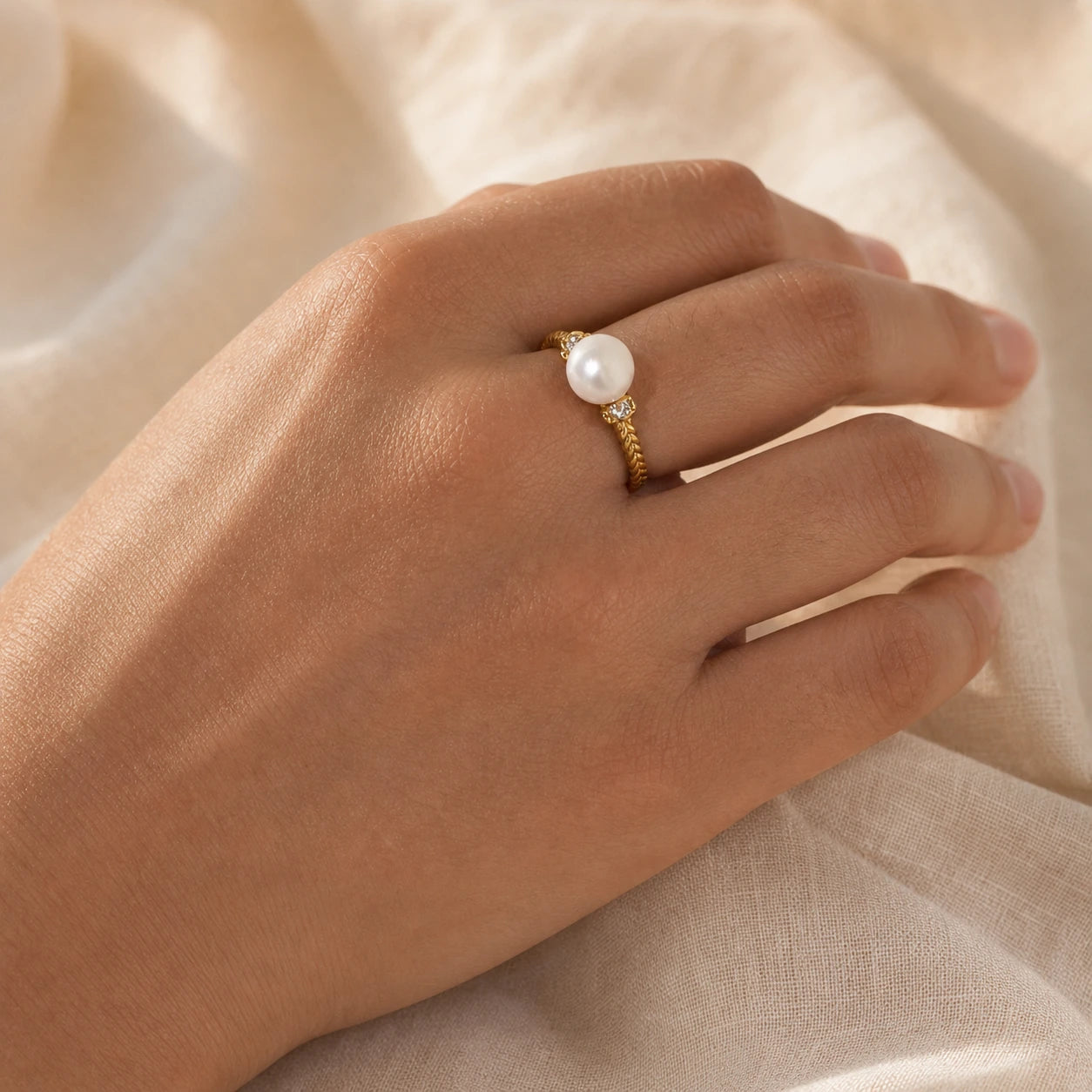 Adjustable freshwater pearl ring model wearing close-up