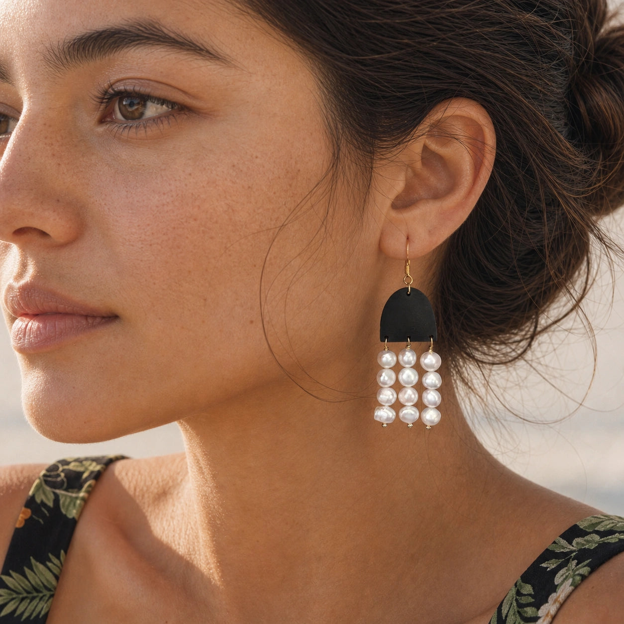 Vintage bohemian pearl tassel drop earrings model wearing close-up