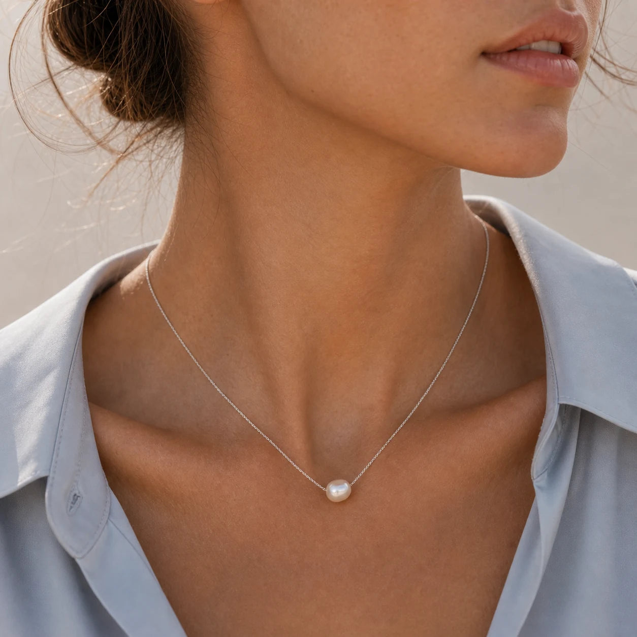 Baroque pearl necklace in silver model wearing close-up