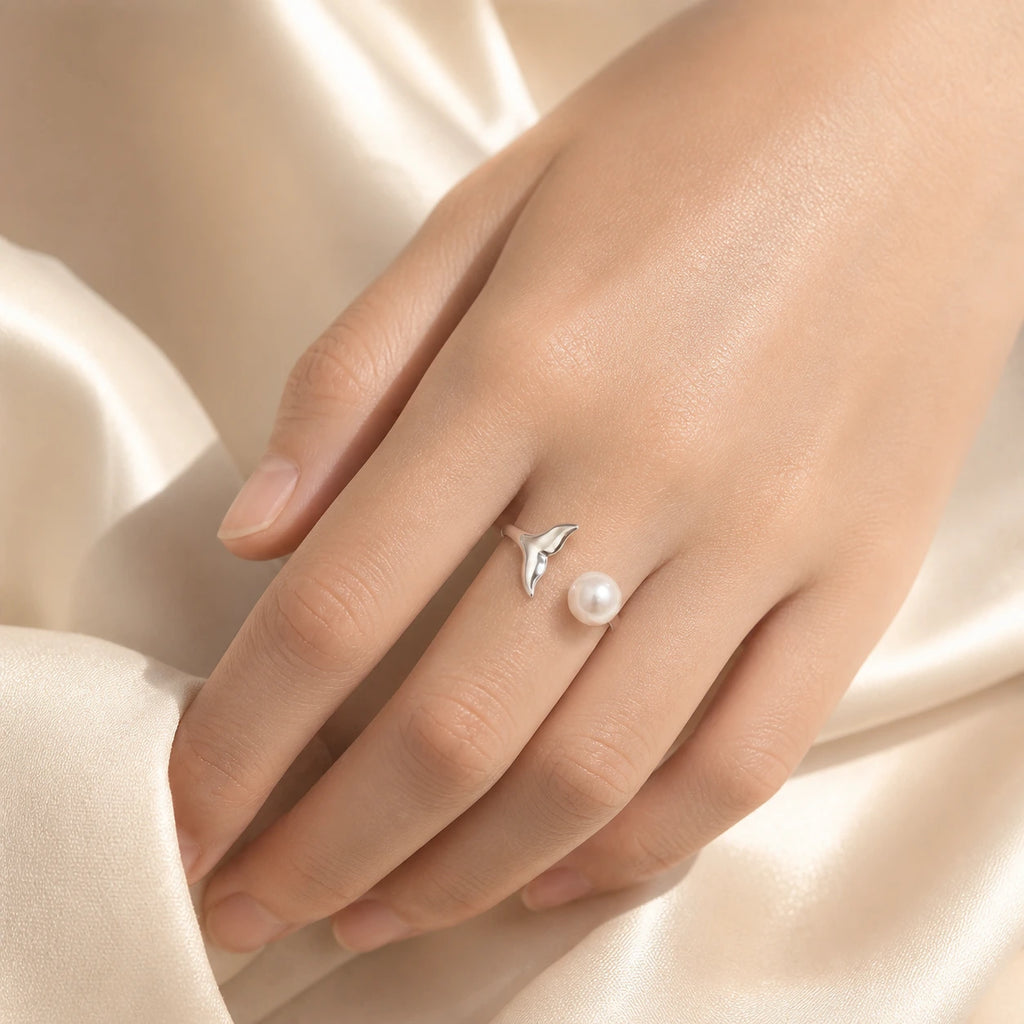 Mermaid pearl ring in silver model wearing close-up