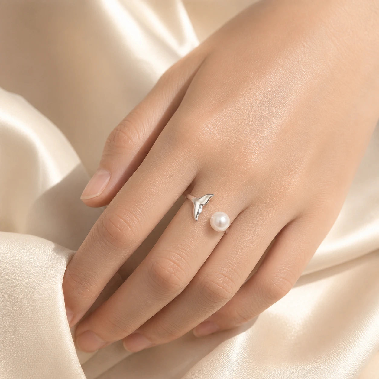 Mermaid pearl ring in silver model wearing close-up