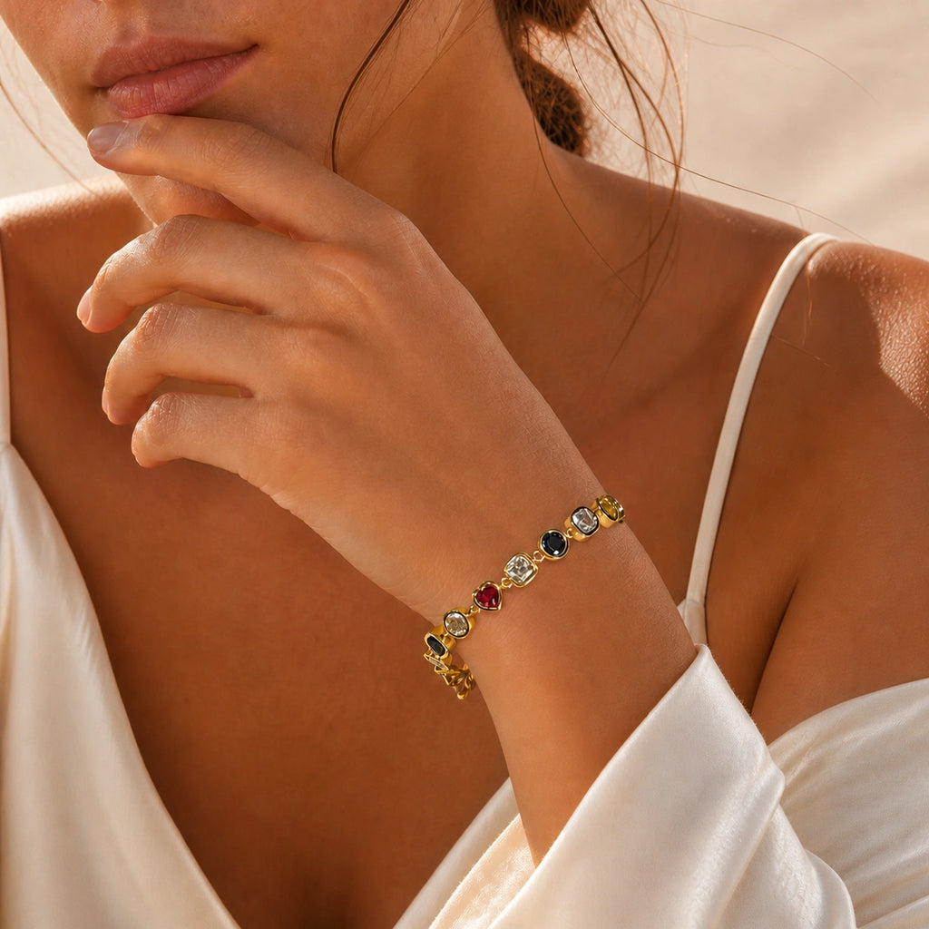 Gold coloured cubic zirconia bracelet model wearing