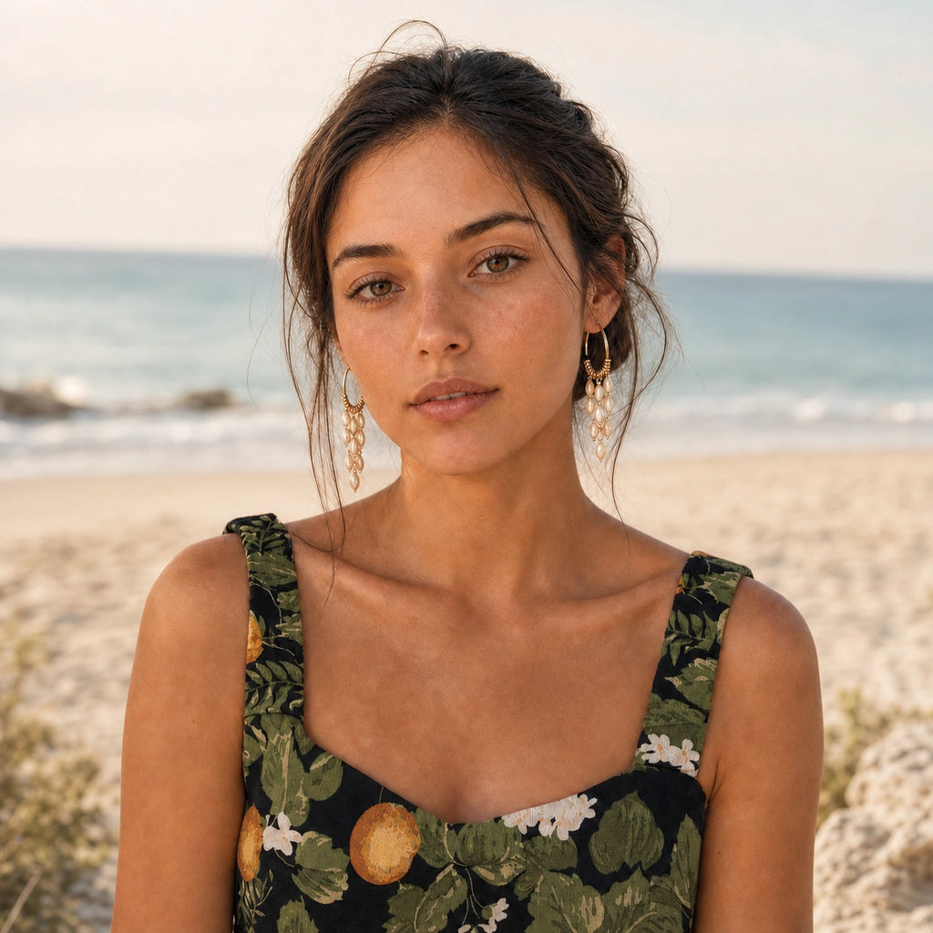 Bohemian pearl tassel drop earrings in gold model wearing by the beach
