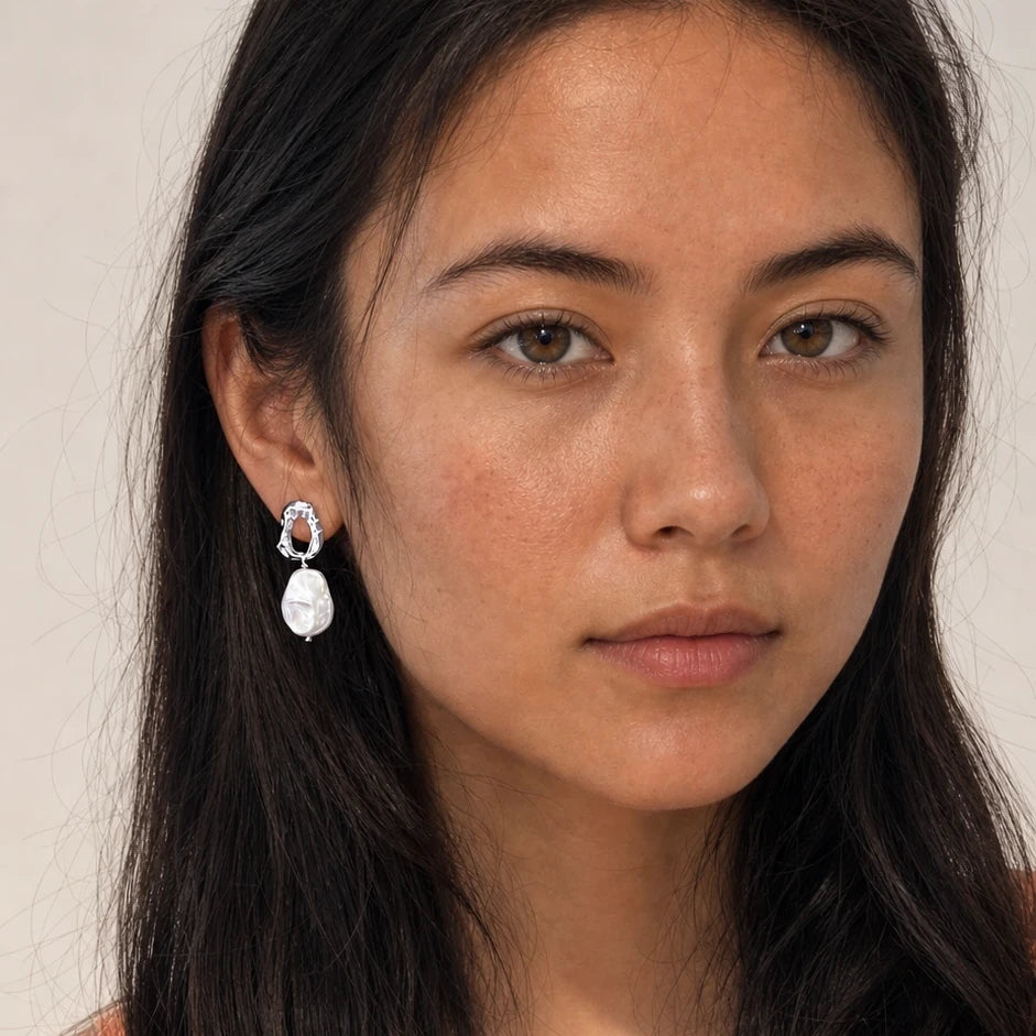 Baroque freshwater pearl drop earrings silver-tone front model view