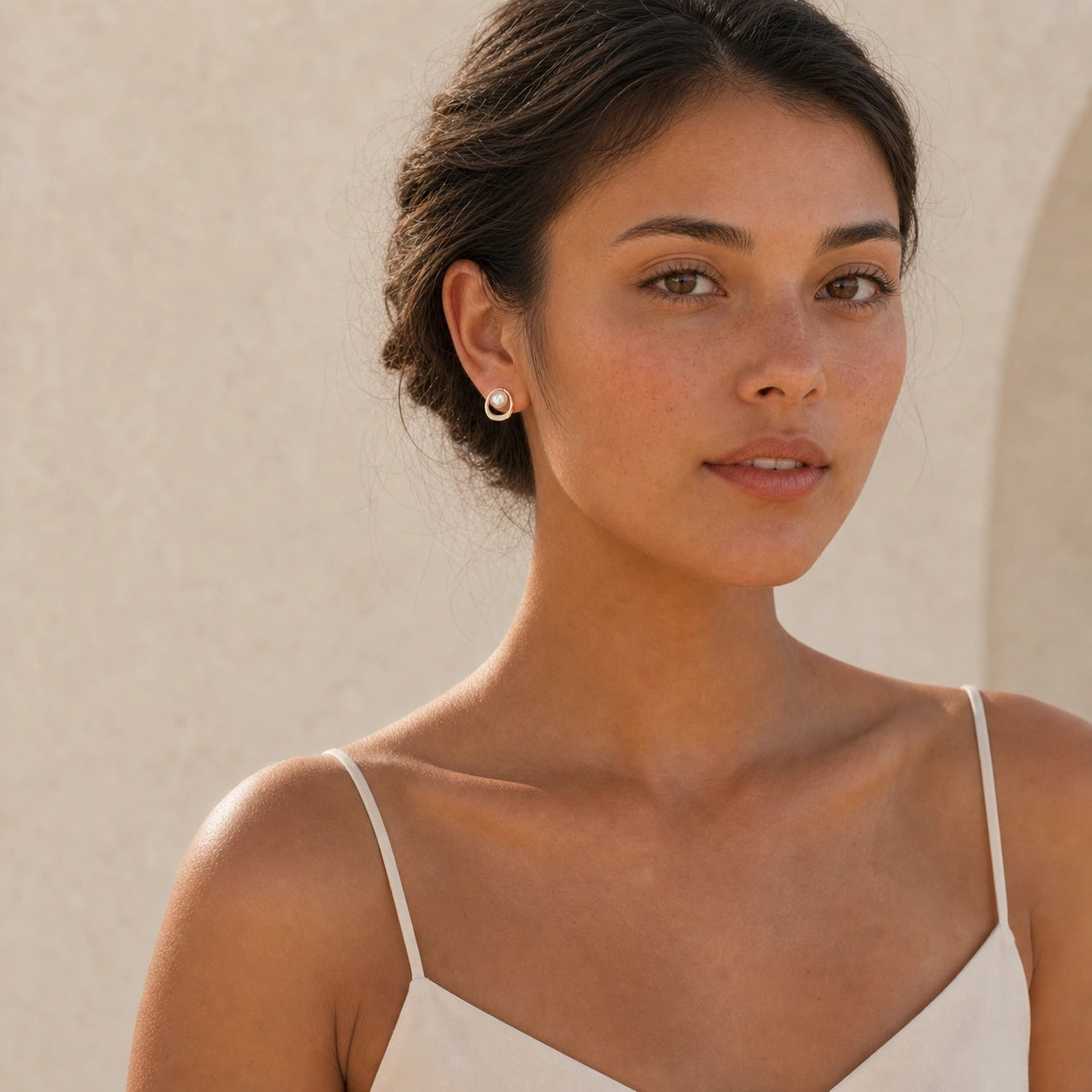 Circle freshwater pearl stud earrings front model view
