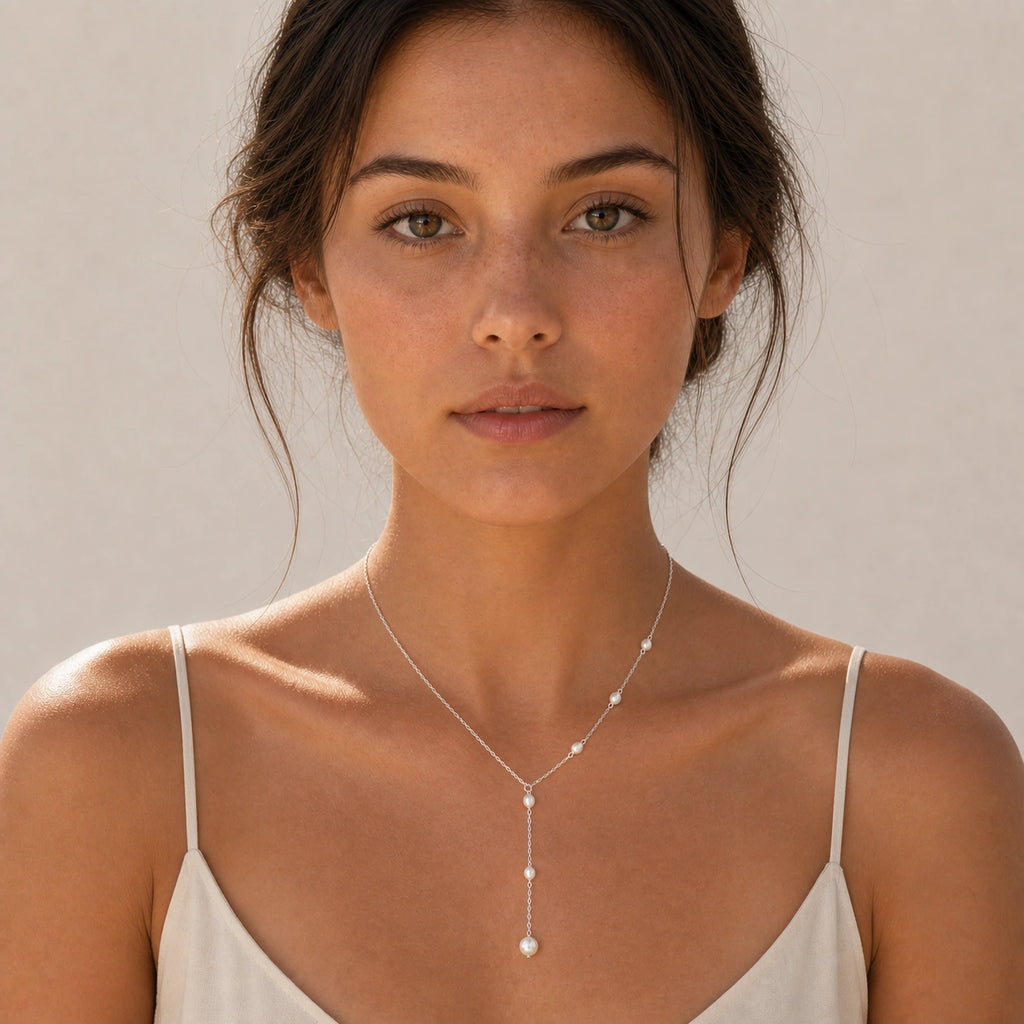 Freshwater pearl silver tassel necklace front-facing model wearing