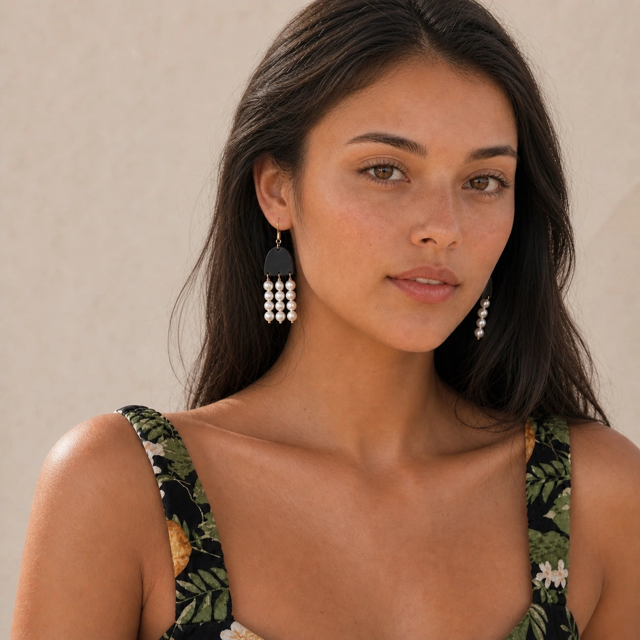 Vintage bohemian pearl tassel drop earrings front model view