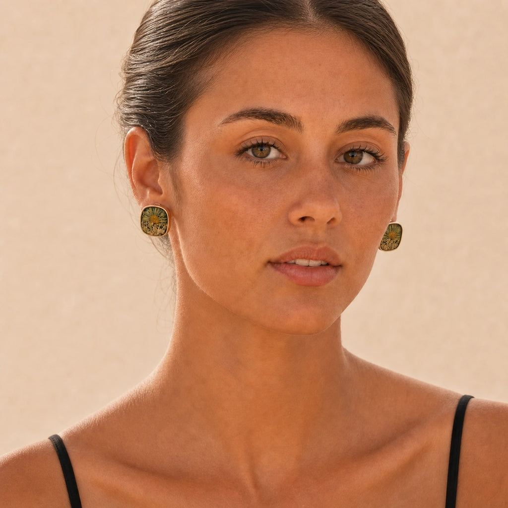Camellia stud earrings model wearing front view