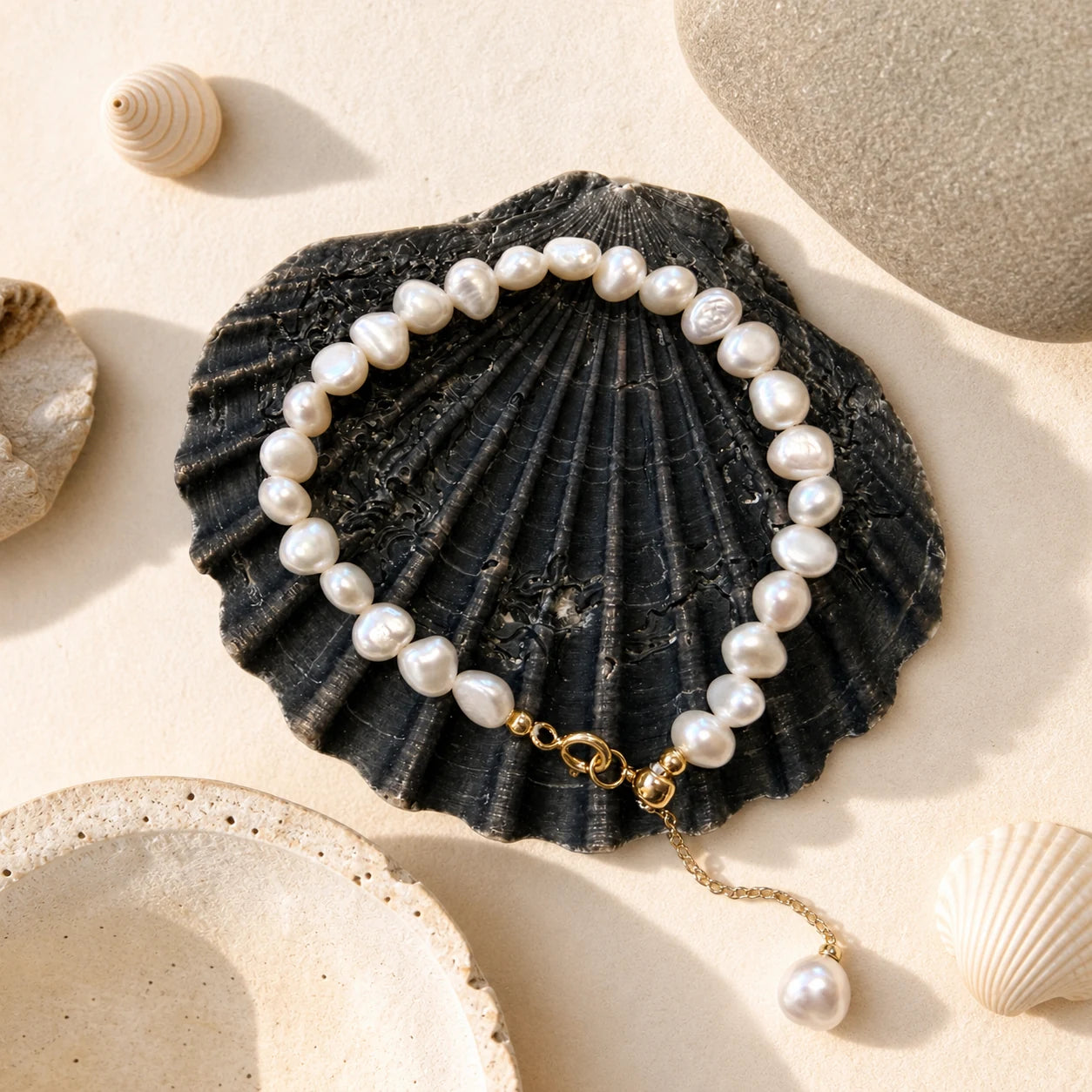 Baroque freshwater pearl bracelet with gold extension chain styled on a black shell