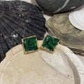 Dark Green Square Earrings in Gold-plated brass with 925 sterling silver posts displayed in a product styling scene.