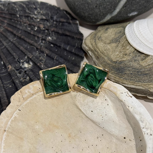 Dark Green Square Earrings in Gold-plated brass with 925 sterling silver posts displayed in a product styling scene.