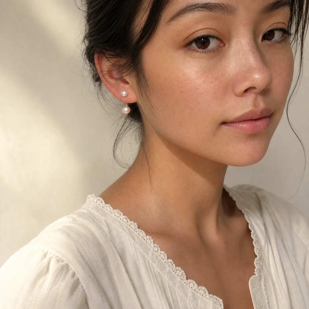 Close-up of double pearl jacket earrings in Gold-plated 925 sterling silver.