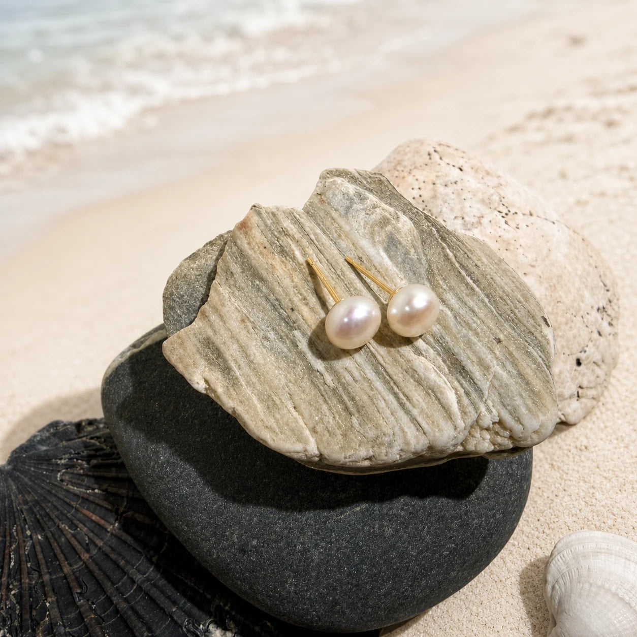 Freshwater Pearl Earrings 7-8mm in 925 sterling silver displayed in a product styling scene.