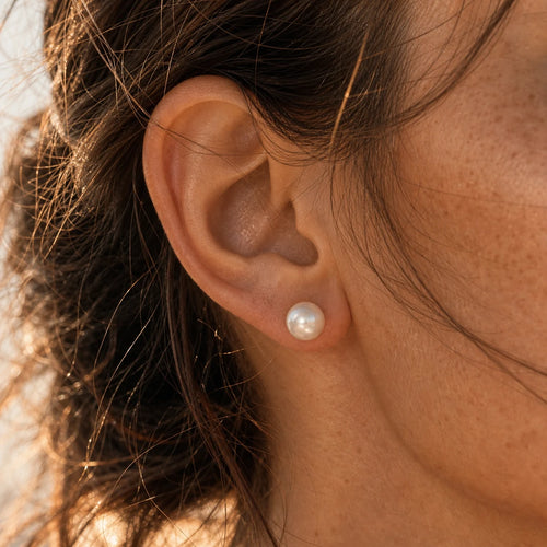 Close-up of freshwater pearl earrings 7-8mm in 925 sterling silver.