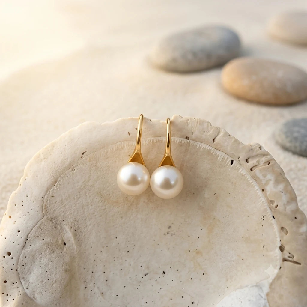 Freshwater Pearl Hook Earrings 8mm in Gold-plated 925 sterling silver displayed in a product styling scene.