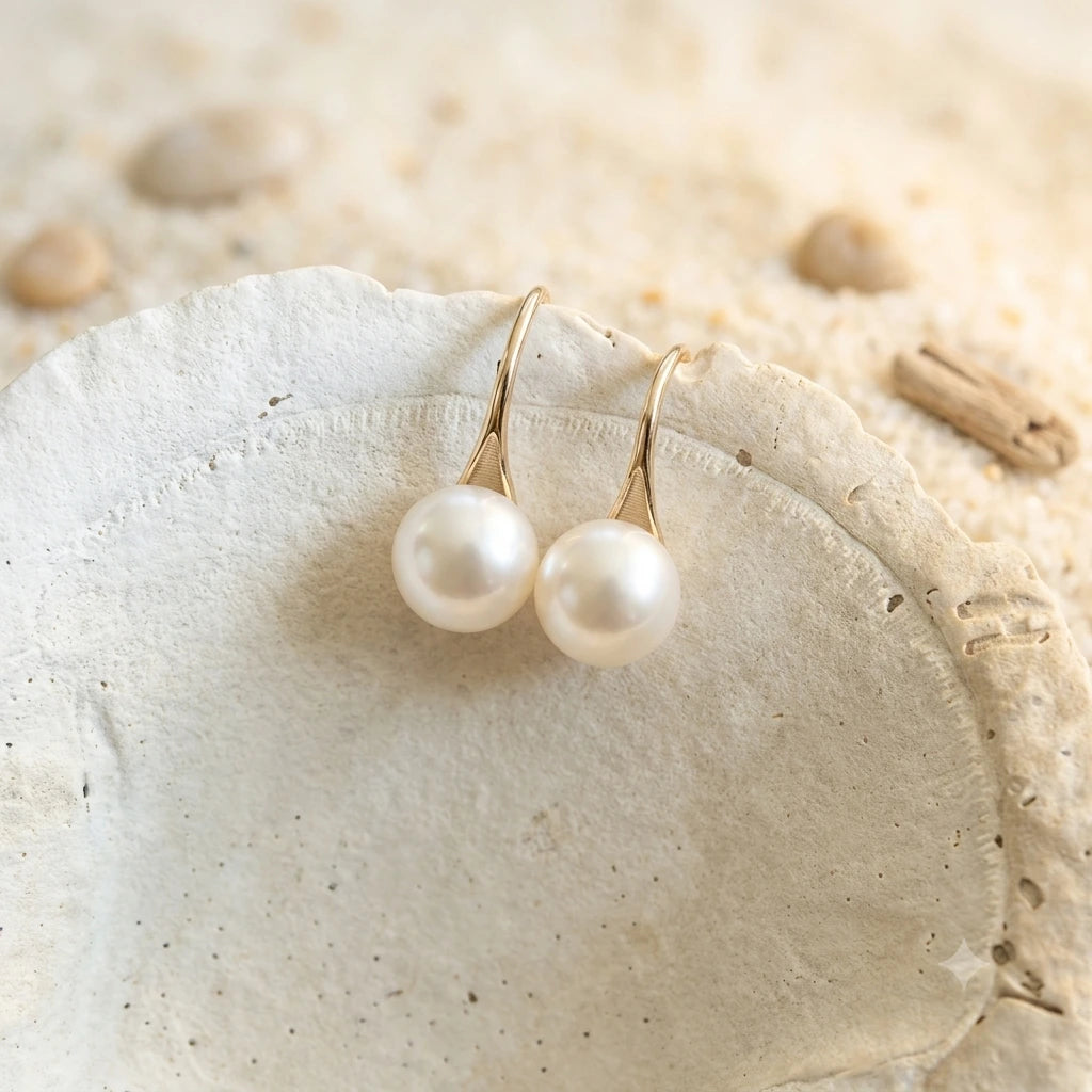Close-up of round freshwater pearl hook earrings in 925 sterling silver on a shell-textured dish.