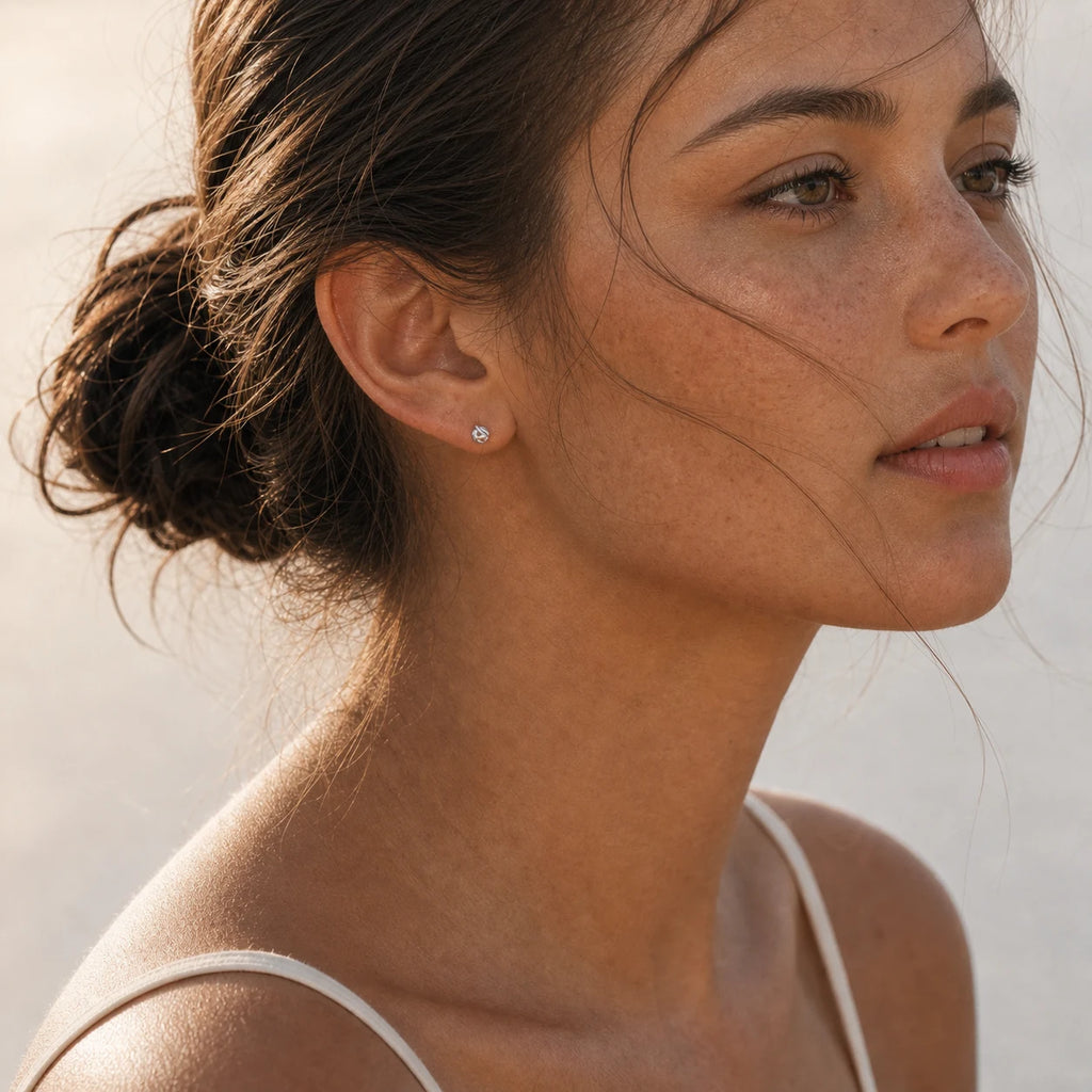 Close-up of knot stud earrings in 925 sterling silver.