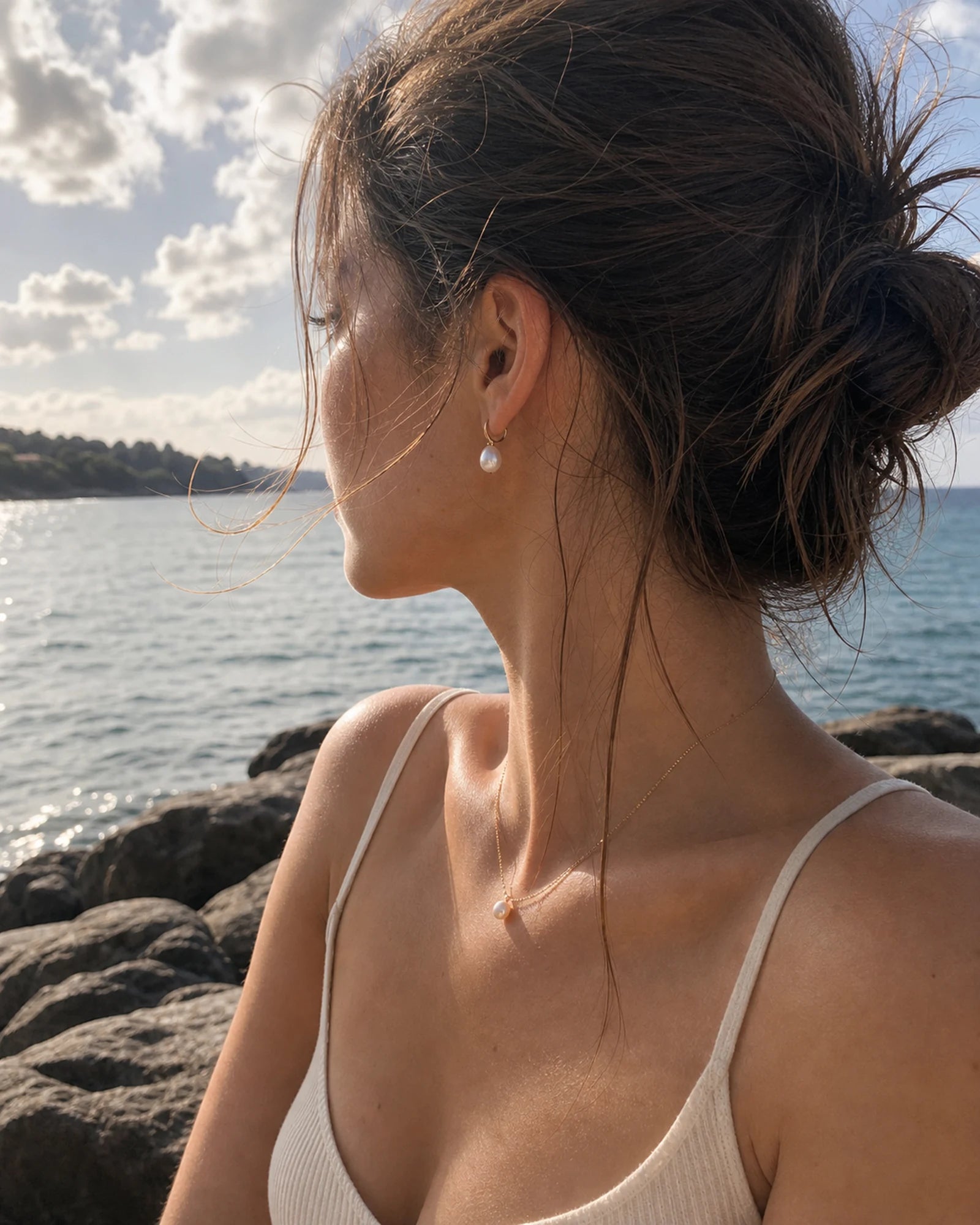 Luckora pearl jewellery worn in soft natural light