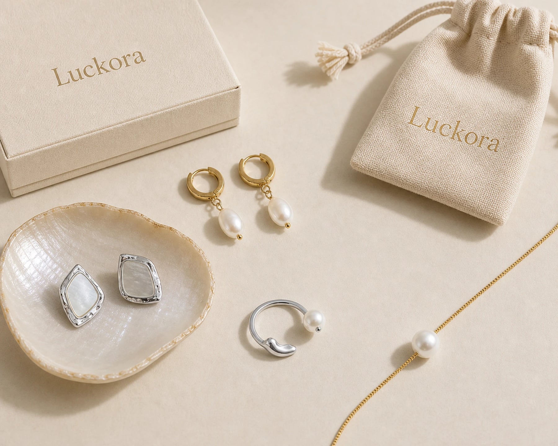 Luckora natural pearl, mother-of-pearl and jewellery materials still life