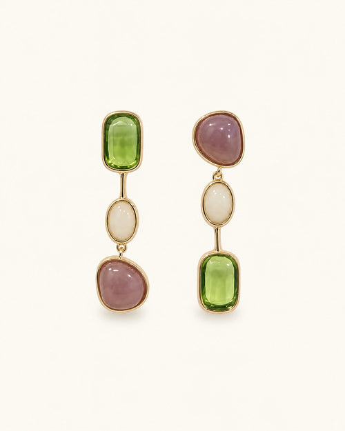 Green stone drop earrings in gold white background main image