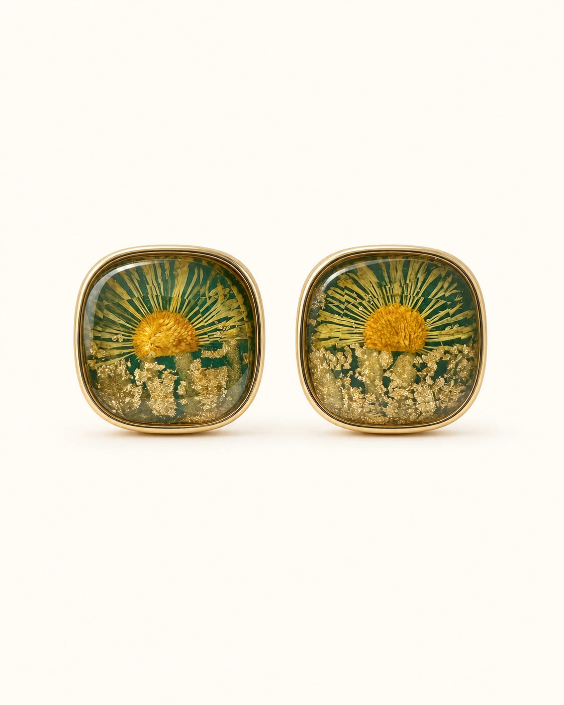 Camellia stud earrings green white background main image