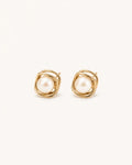 Square pearl stud earrings in gold white background main image