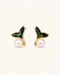 Mermaid tail pearl earrings in gold white background main image