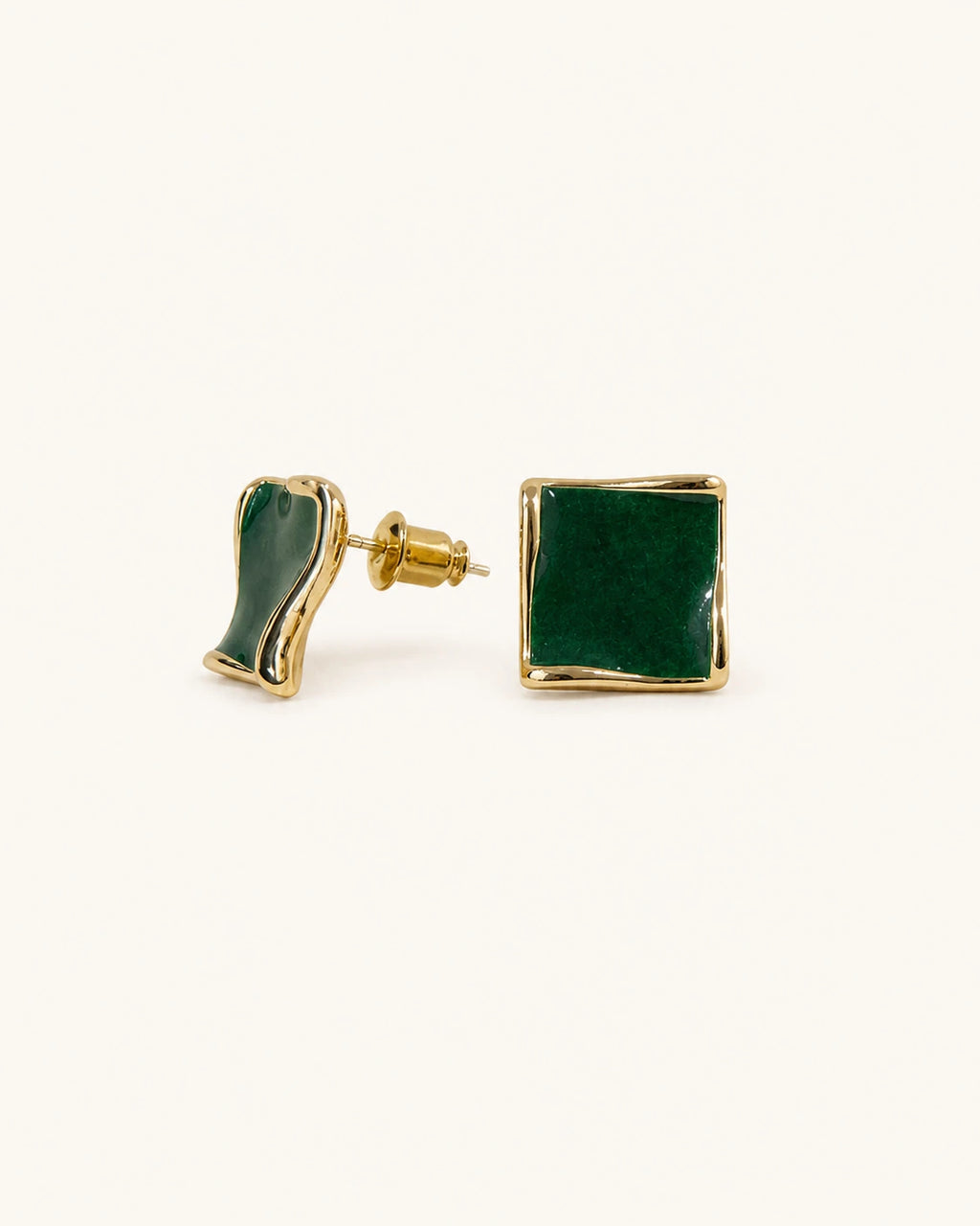 Dark green square earrings in gold white background main image