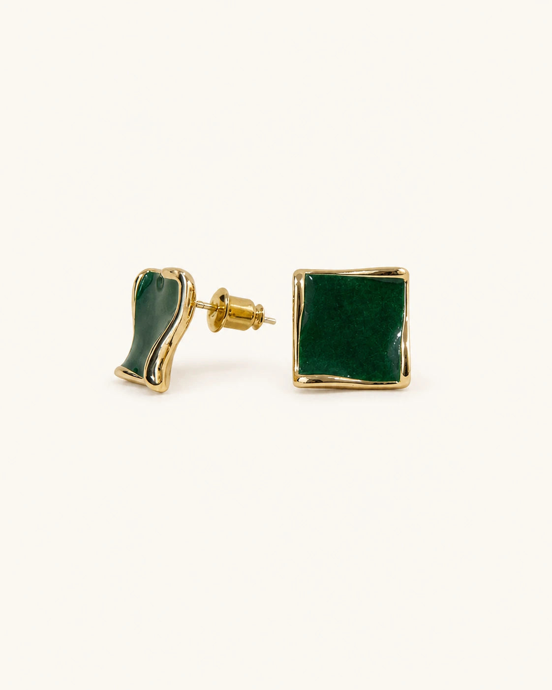 Dark green square earrings in gold white background main image