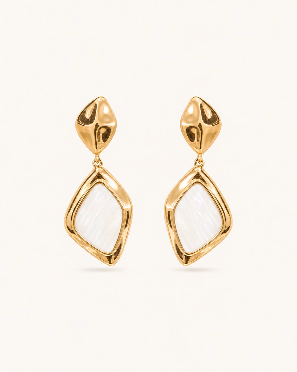 Square mother-of-pearl drop earrings in gold white background main image