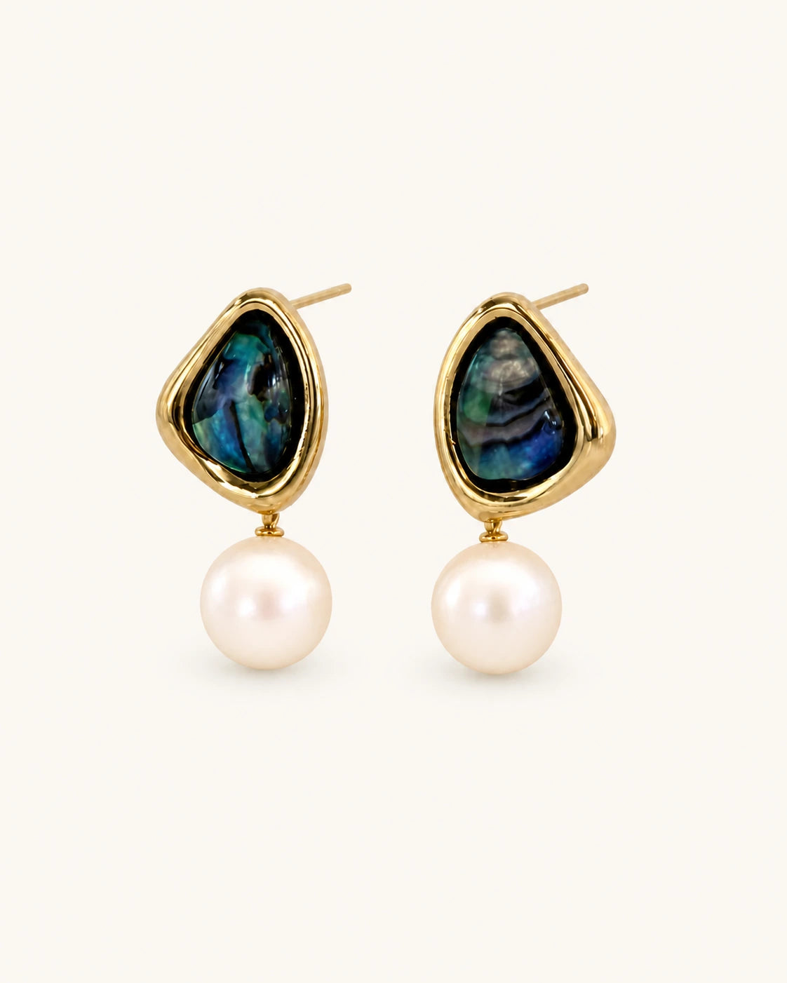 Triangle Pearl Stud Earrings in Gold on white background product image