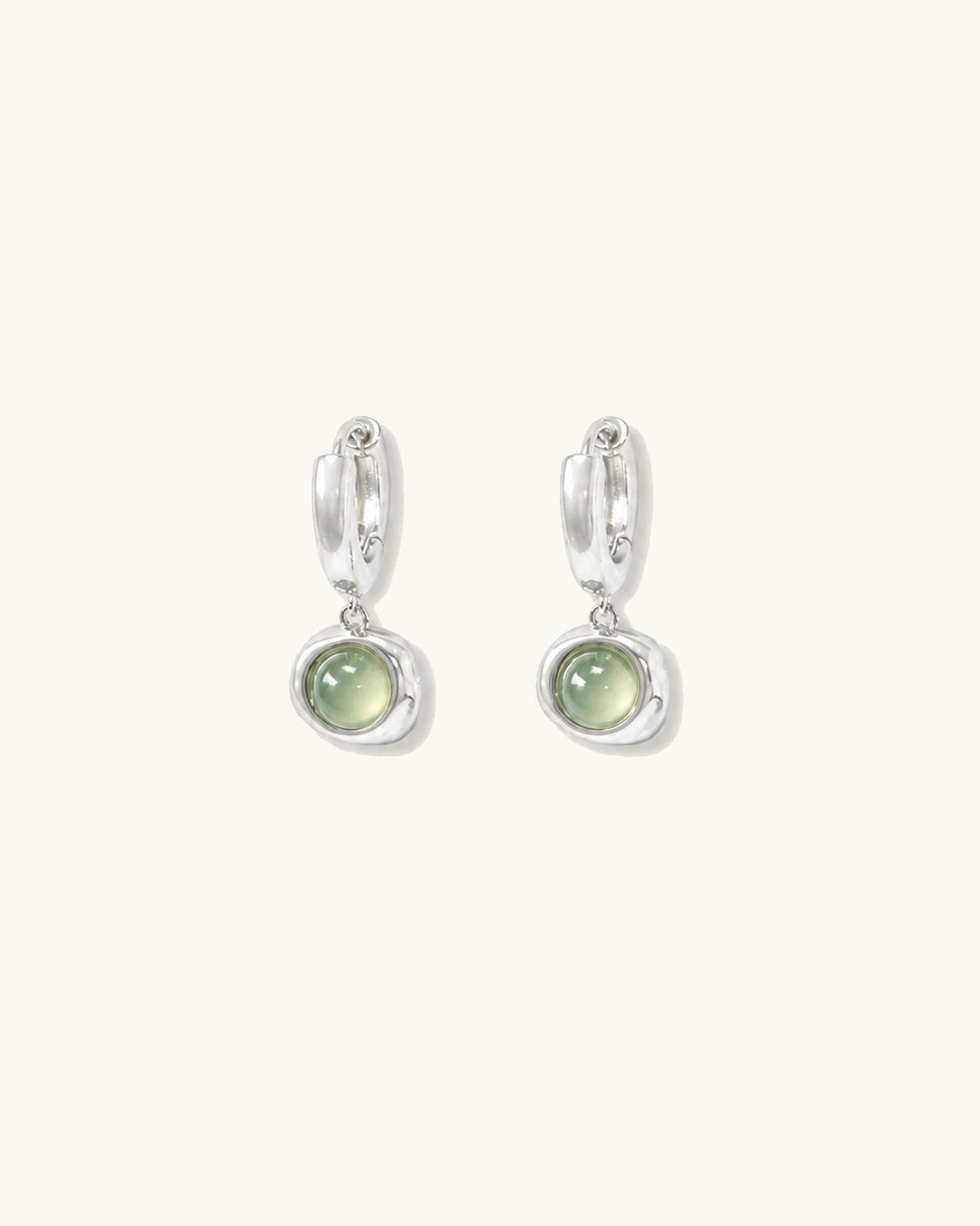 Green cat's eye drop earrings in silver white background product image