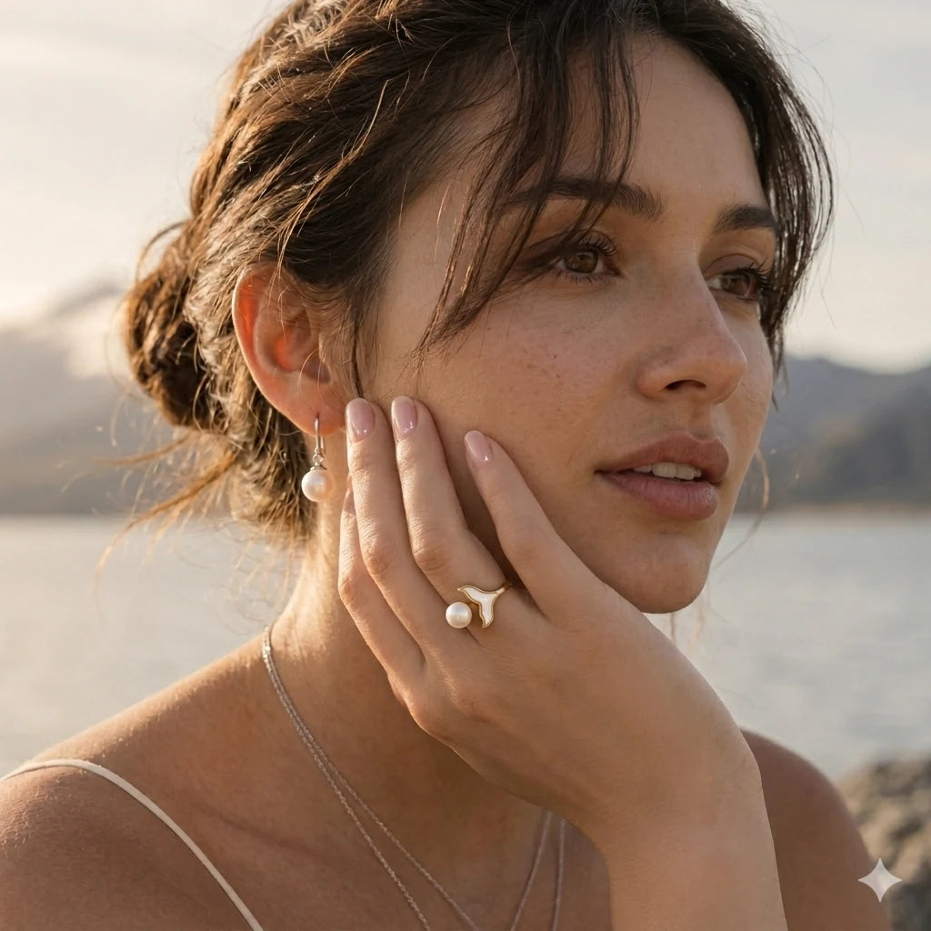 Close-up of mermaid pearl ring in Gold-plated brass.