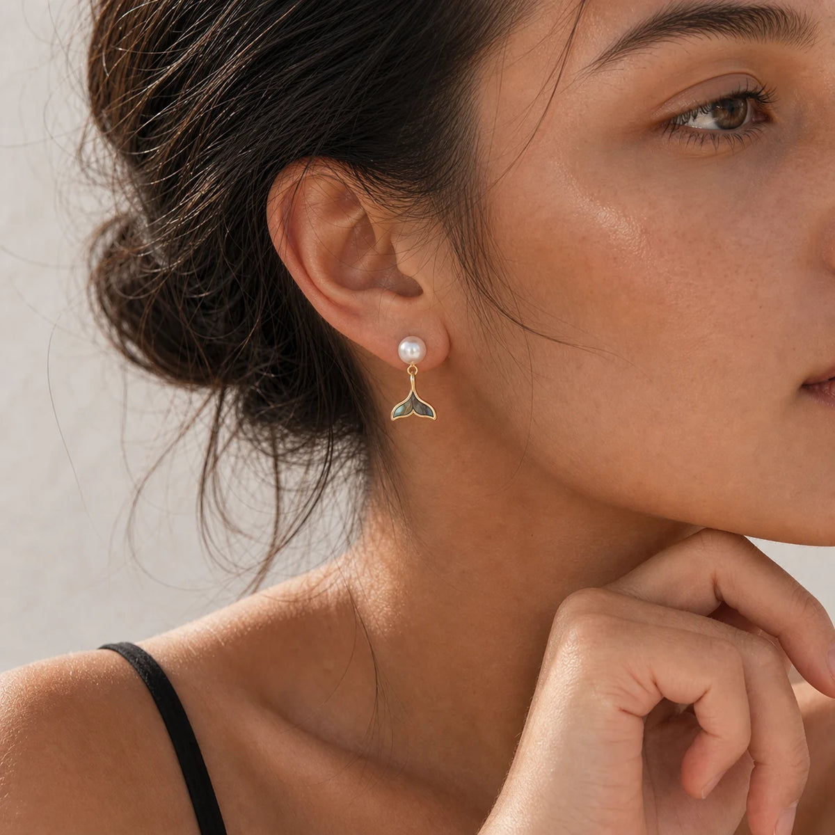 Mermaid pearl drop earrings model wearing close-up
