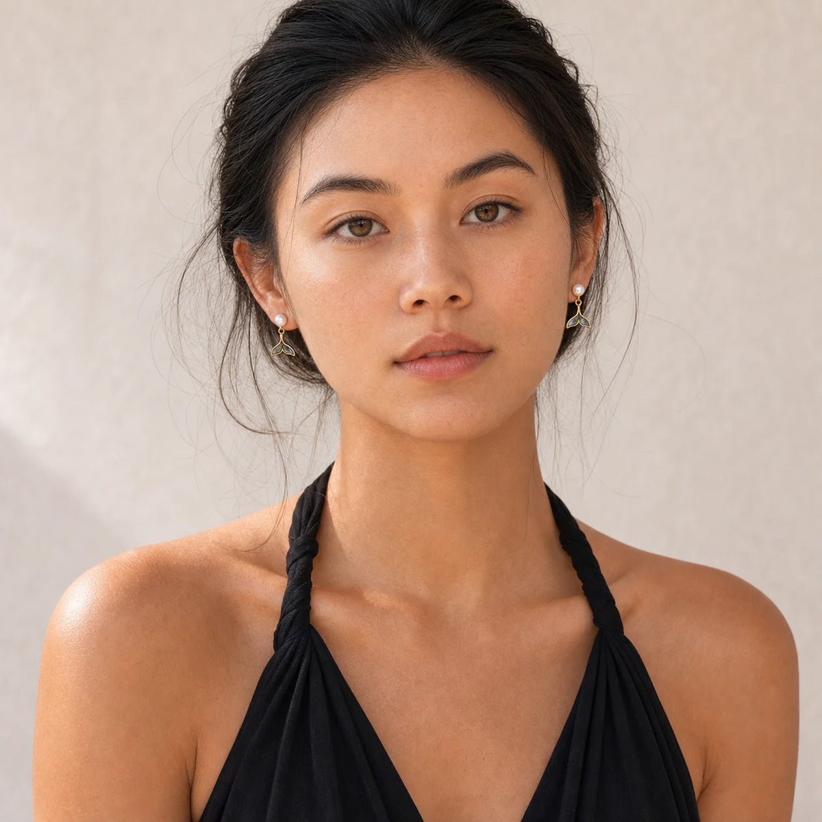 Mermaid pearl drop earrings model wearing portrait