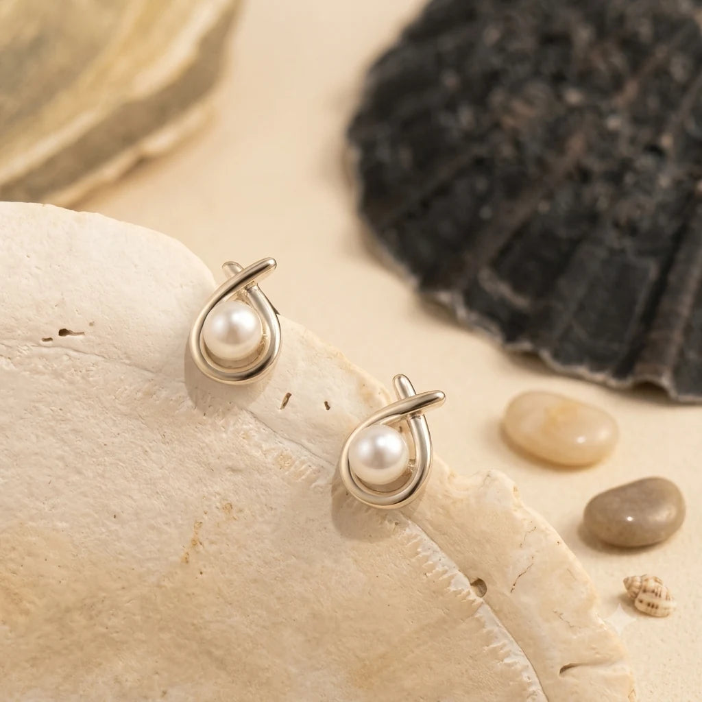 Pearl Circle Stud Earrings in 925 sterling silver displayed in a product styling scene.