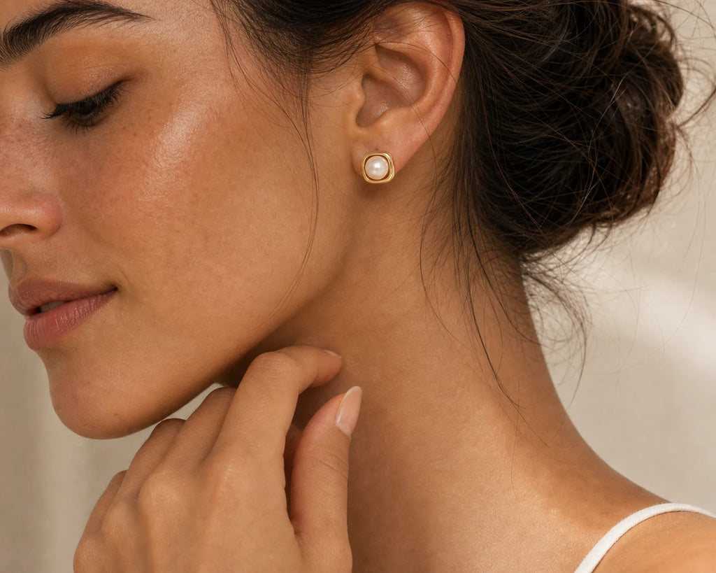 Square Pearl Stud Earrings in Gold-plated brass with 925 sterling silver posts displayed in a product styling scene.