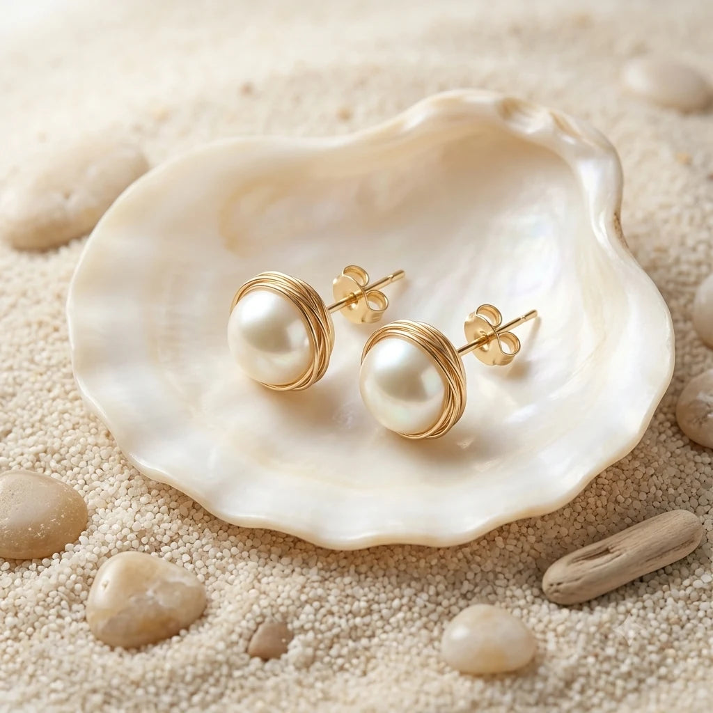 Wrapped Pearl Stud Earrings in Gold-plated brass with 925 sterling silver posts displayed in a product styling scene.
