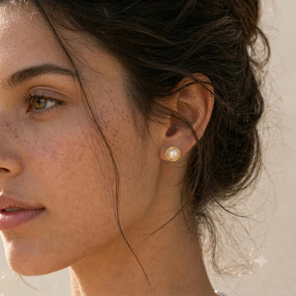 Close-up of wrapped pearl stud earrings in Gold-plated brass with 925 sterling silver posts.